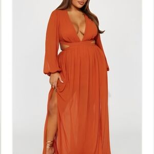 Plus Size Deep V-Neck Long Sleeve Maxi Dress in Rust
